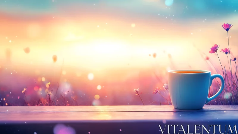 Sunrise tea on a pastel meadow balcony of quiet magic.