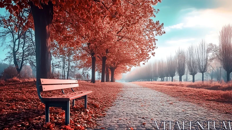 Autumn bench beside cobblestone path under scarlet trees.