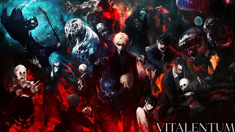 High-contrast demonic ensemble in cinematic anime composition.