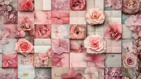 Floral Grid Collage: Pink Roses and Peonies in Textile Mosaic