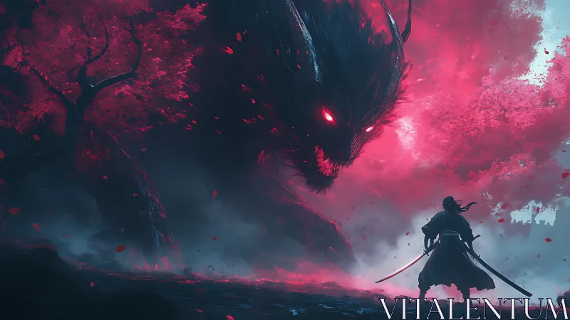 Samurai confronts colossal red-eyed demon in storming mist