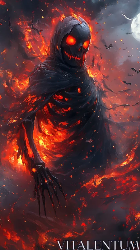 Flaming skeletal wraith figure in a dark infernal scene.