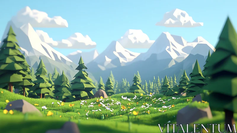 Low-poly alpine meadow with conifer forest and stylized peaks.
