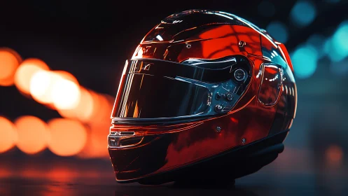 Metallic racing helmet is displayed under controlled lighting