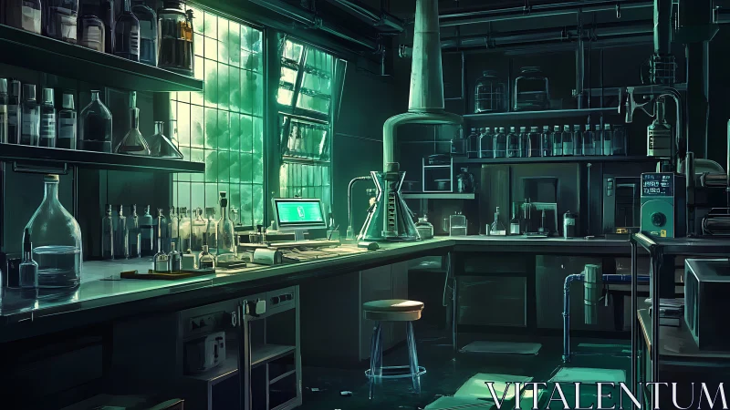 Dimly lit science laboratory glows with cold green monitor