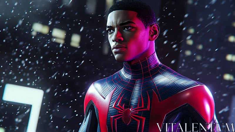 Neon‑lit spider suit hero in cinematic winter streetscape.