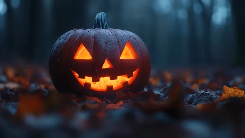 Rain‑dappled jack o’ lantern glows in misty forest dusk.