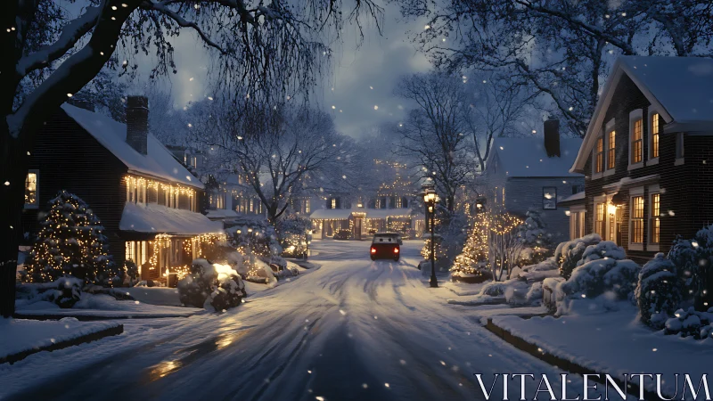 Twilight winter suburb street with car and festive house lighting