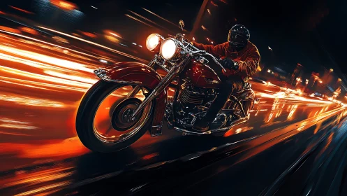 Digital painting of night rider on neon-lit highway in motion blur.