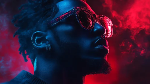 Side-profile portrait uses red and blue lighting on subject