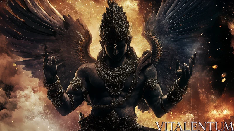 Winged stone deity rises within blazing cosmic storm.