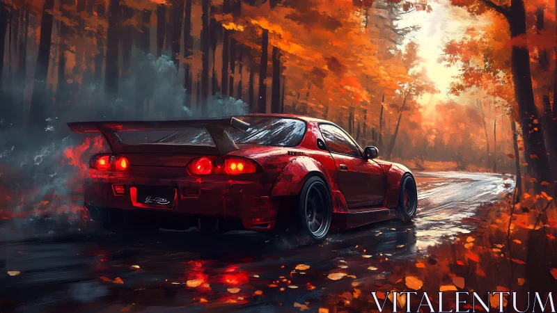Crimson drift car racing through a misty autumn forest road.