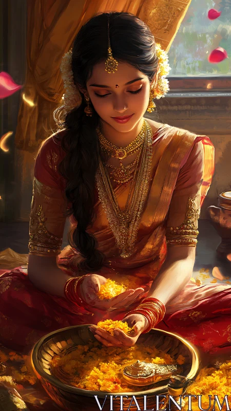 Marigold prayers and golden saree dreams in soft daylight.