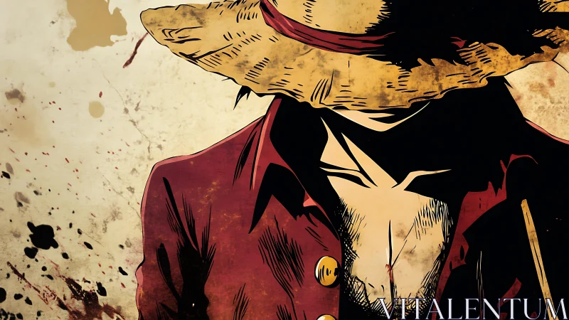 Straw-hatted drifter in crimson coat amid ink-splattered dusk.