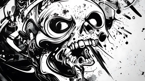 Skull illustration shows dynamic splatter and distorted jaw