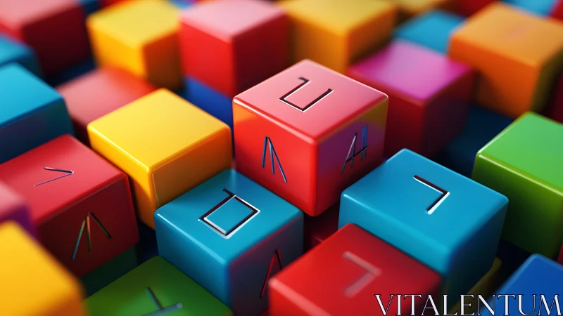 Colorful 3D cubes with abstract symbols in tight cluster.