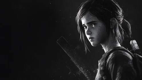 Monochrome adolescent survivor portrait in gritty digital chiaroscuro.