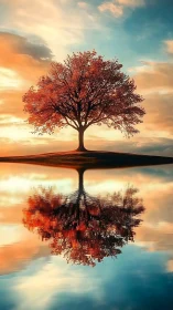 Solitary deciduous tree mirrored on calm reflective water.