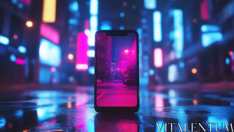 Smartphone frames neon city street in cyberpunk nightscape.