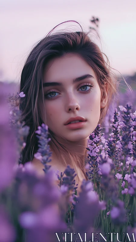Lavender field portrait under soft pastel dusk light.