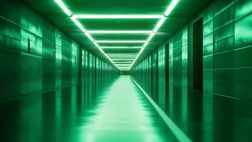 Futuristic green corridor glows with endless neon symmetry