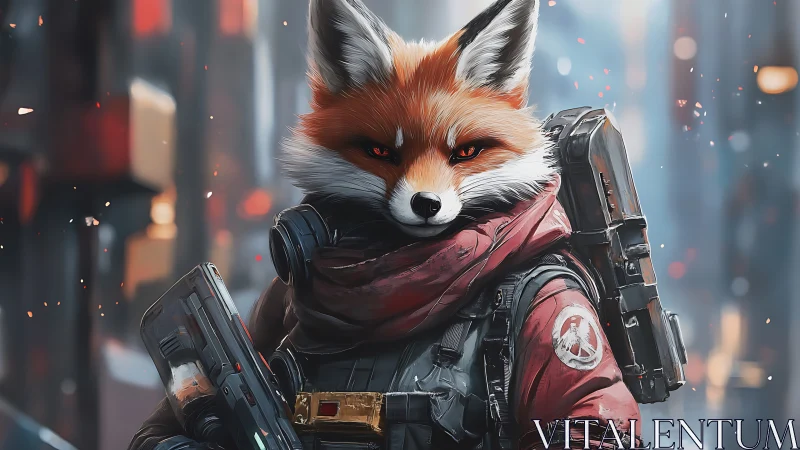 Streetwise fox mercenary prowls neon winter alleyways.