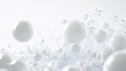 Floating white spheres drift in a luminous minimal space