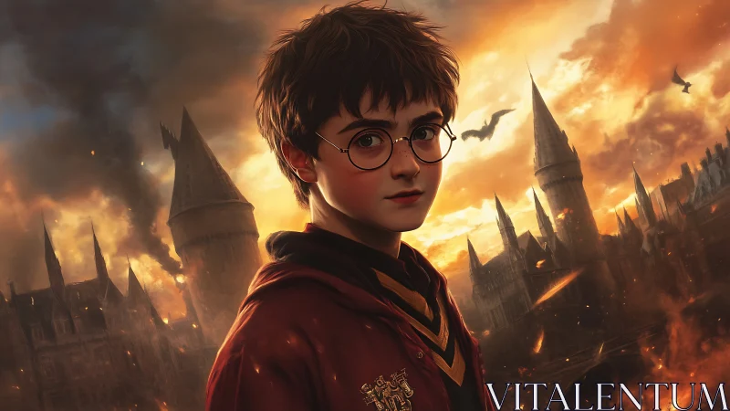 Young wizard stands brave against a fiery twilight sky.