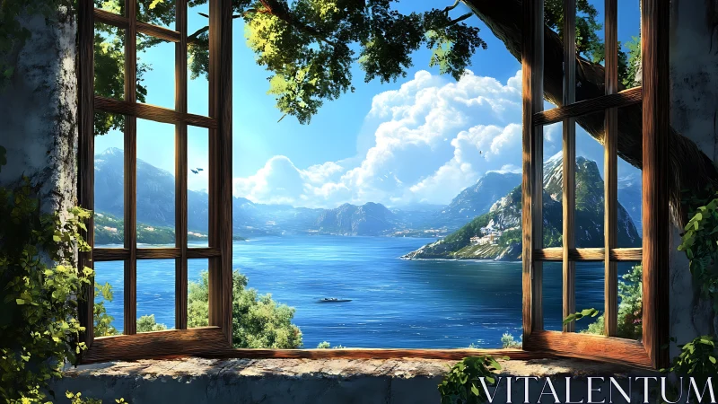 Sunlit open window frames a tranquil mountain lake vista