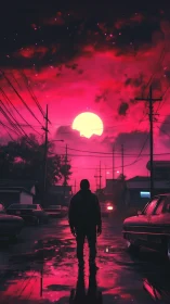 Neon dusk swallows the lone wanderer on rain slick streets