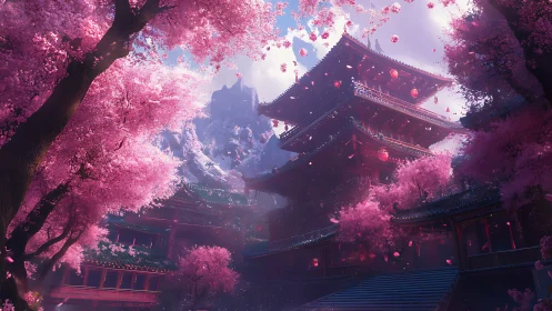 Cherry blossom temple dreamscape in soft mountain light.