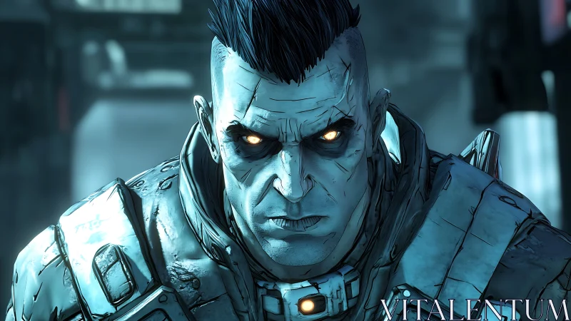 Intense cyber warrior meets the viewer with glowing resolve