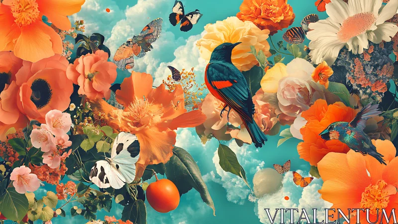 Lush tropical birds and blossoms drift across turquoise skies.