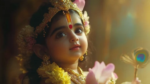 Divine child portrait in golden traditional adornment.