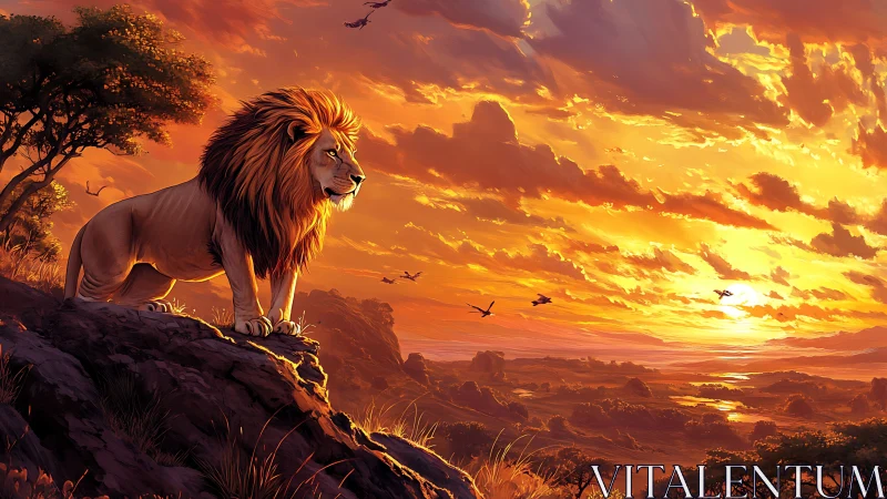 Lion overlooks blazing savanna under molten sunset sky