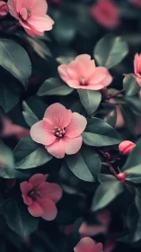 Pink Camellia Blossoms in Selective Focus Botanical Study.