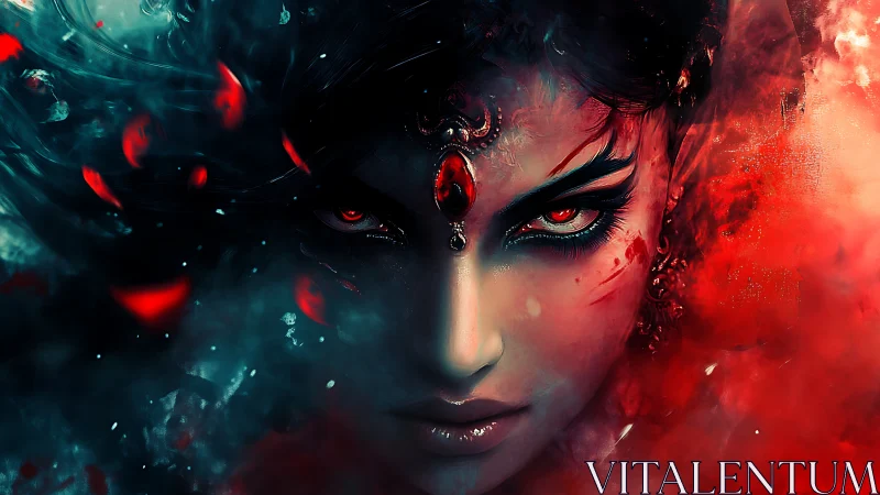 Fierce red-eyed sorceress emerges from swirling fiery mist