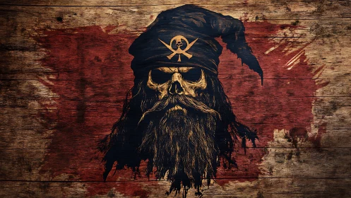 Weathered pirate skull emblem painted on distressed wood wall