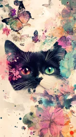 Watercolor Mixed Media Composition: Feline Subject With Heterochromatic Eyes and Butterfly Motifs