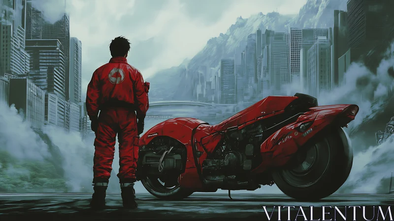 Red urban rider surveying neo-futurist megastructure skyline.