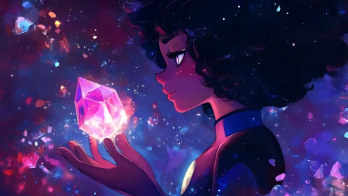 Girl holds glowing crystal in vibrant cosmic colors.