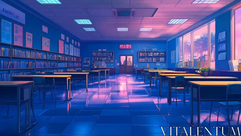 Sunlit anime library classroom glows in twilight stillness.