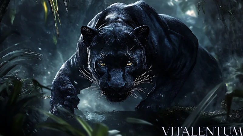 Black Panther Portrait: Luminous Eyes in Jungle Darkness.
