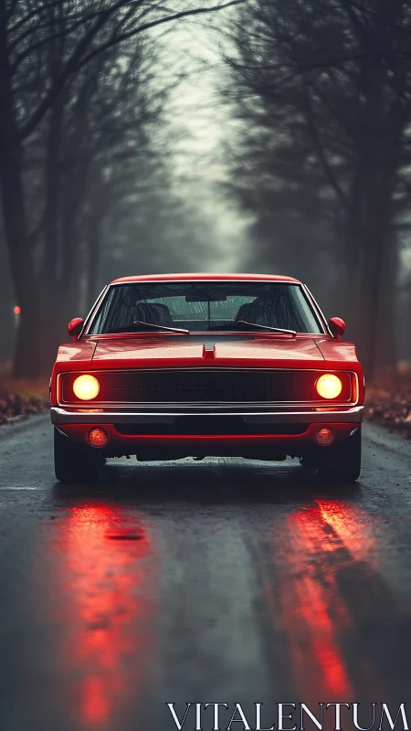 Red classic muscle car stands idling on wet forest road