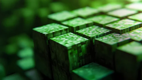 Close-up of Pixelated Green Blocks in Digital Game Style.