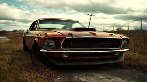 Rusting muscle car rests abandoned beside rural overgrown road