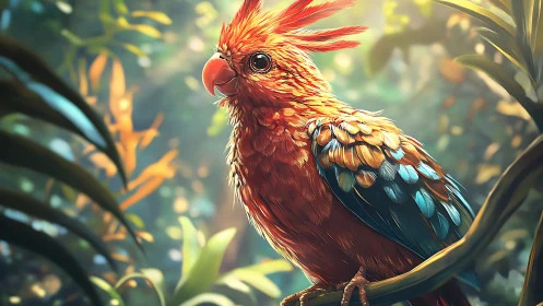 Vibrant Red Parrot in Lush Jungle, Digital Painting Style.