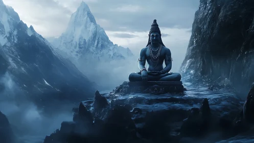 Mountain-silent blue deity meditating above whispering clouds.