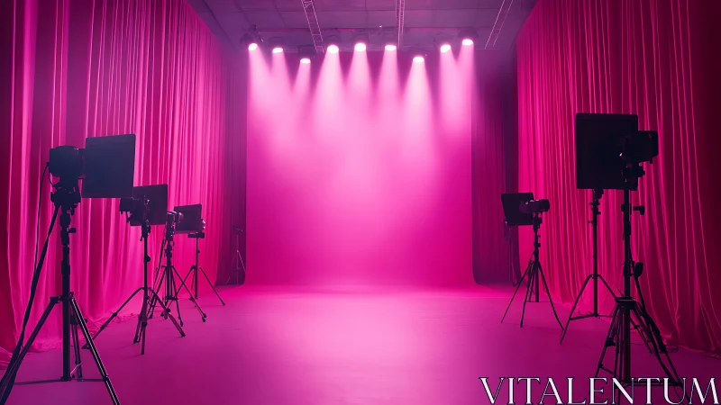 Studio stage washed in vivid pink theatrical lighting.
