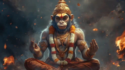 Mythic simian deity figure in ornate meditative pose.